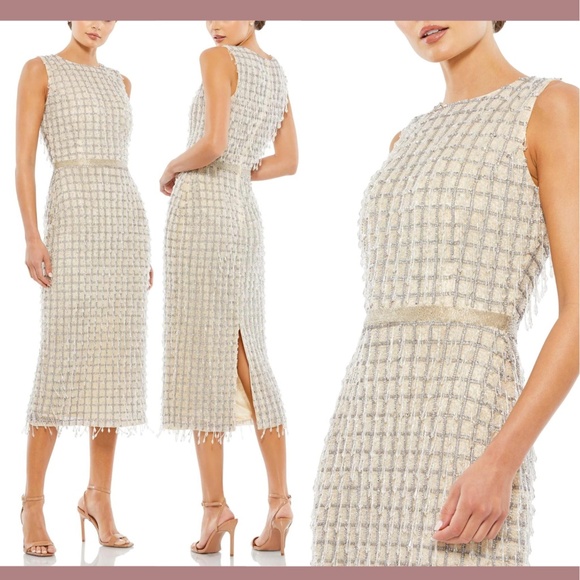 NWT $598 Mac Duggal [ 2 ] Crystal‎ Drop High Neck Beaded Midi Sheath Dress Nude - Picture 1 of 15